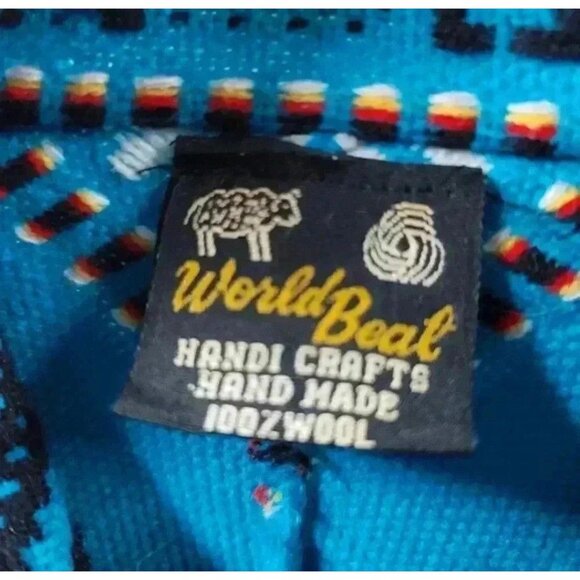 World Beat Hand Woven Blue Southwestern Wool Shaw Boho Geometric OS - Picture 6 of 7
